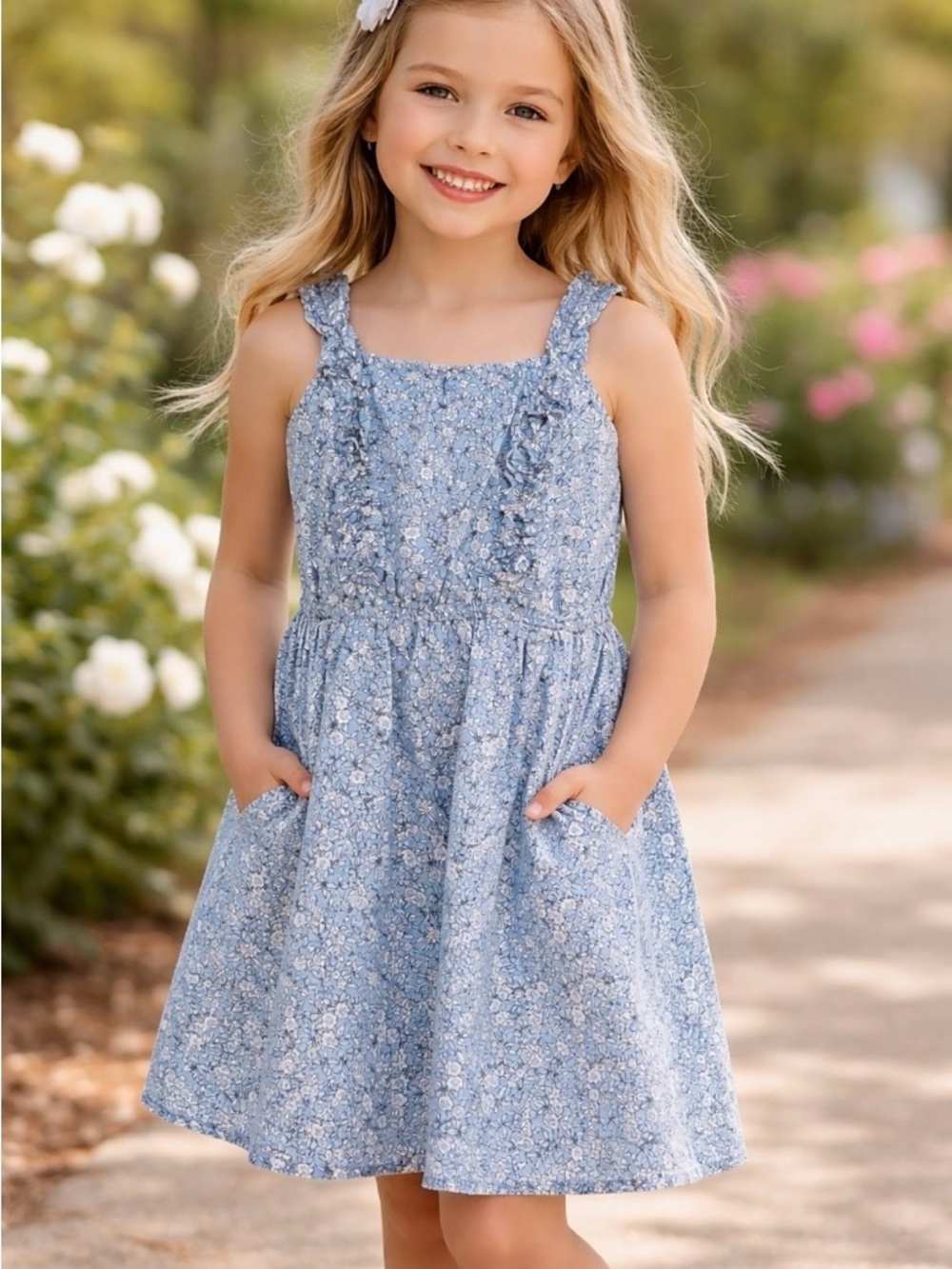 Crewcuts Blue Floral Ruffle Strap Cotton Dress Girls 6 Summer Coastal Beachy
